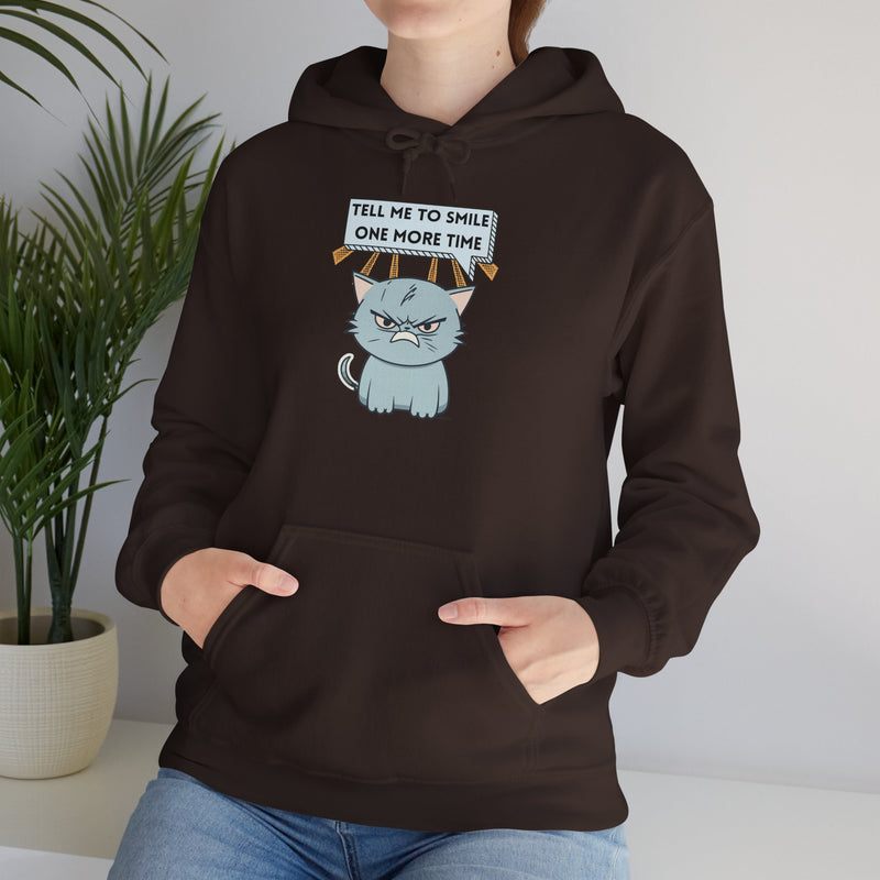 Sassy Cat Hoodie — "Tell Me to Smile One More Time" Graphic Hooded Sweatshirt