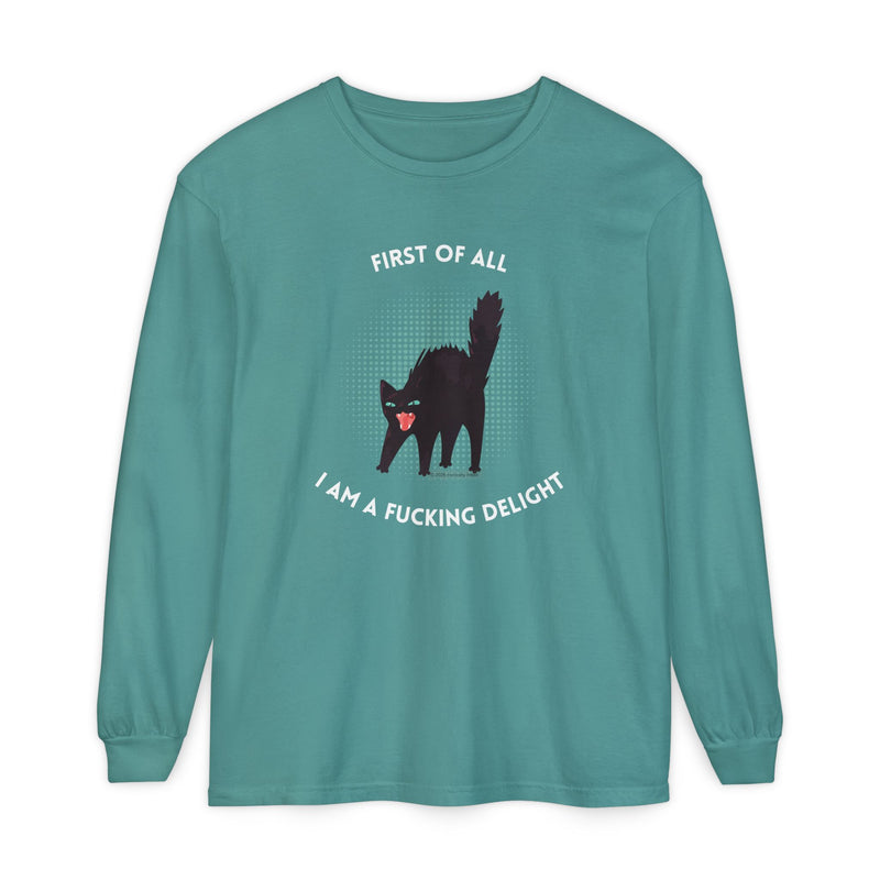 Long Sleeve Tee — “First of All I Am a Fucking Delight” Black Cat Graphic Oversized T-Shirt