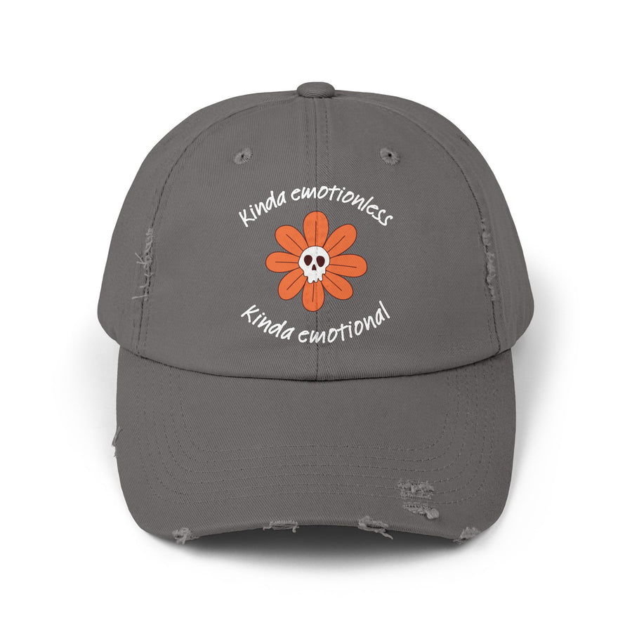 Kinda Emotionless Kinda Emotional Distressed Cap — Floral Skull Baseball Hat