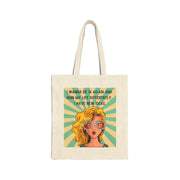 Canvas Tote Bag — Retro Pop Art Blonde with Quote “I Wanna Be 14 Again and Ruin My Life Differently”