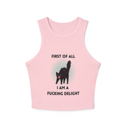 Racer Tank — “First Of All I Am A Fucking Delight” Black Cat Graphic Tank Top