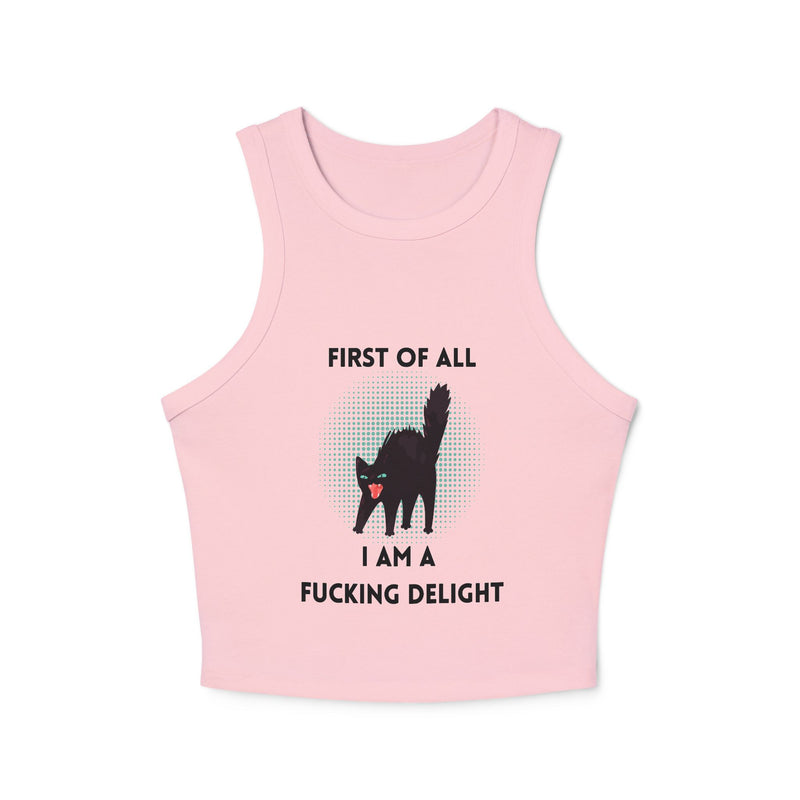 Racer Tank — “First Of All I Am A Fucking Delight” Black Cat Graphic Tank Top