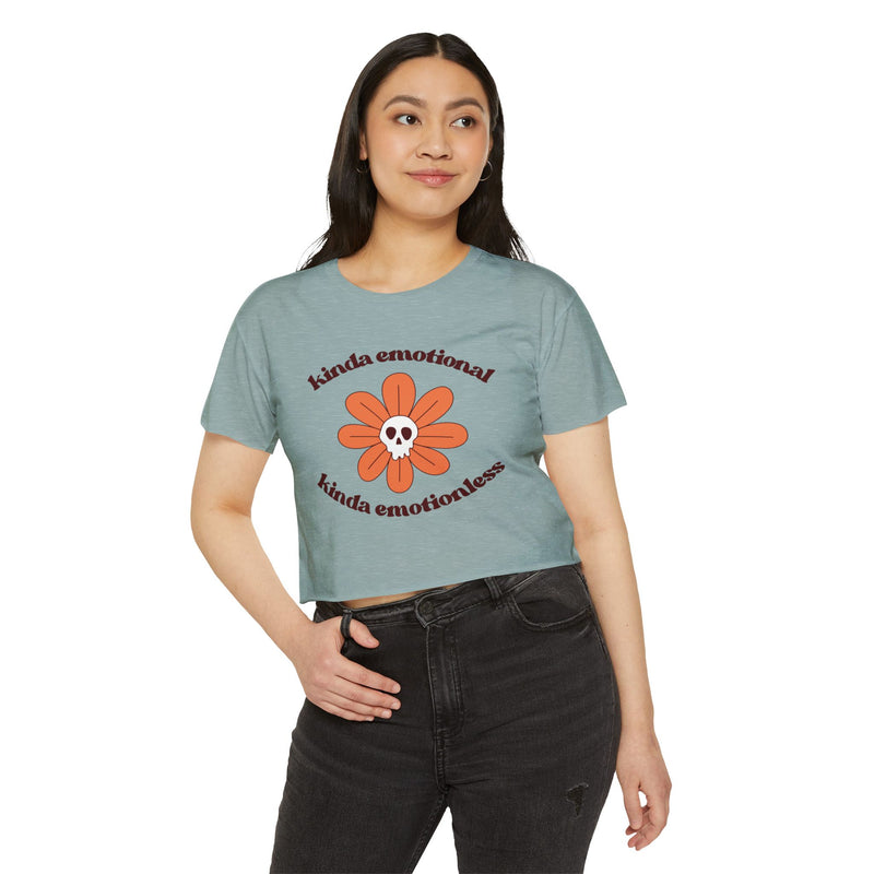 Crop Top — "Kinda Emotional Kinda Emotionless" Skull Flower Festival Tee