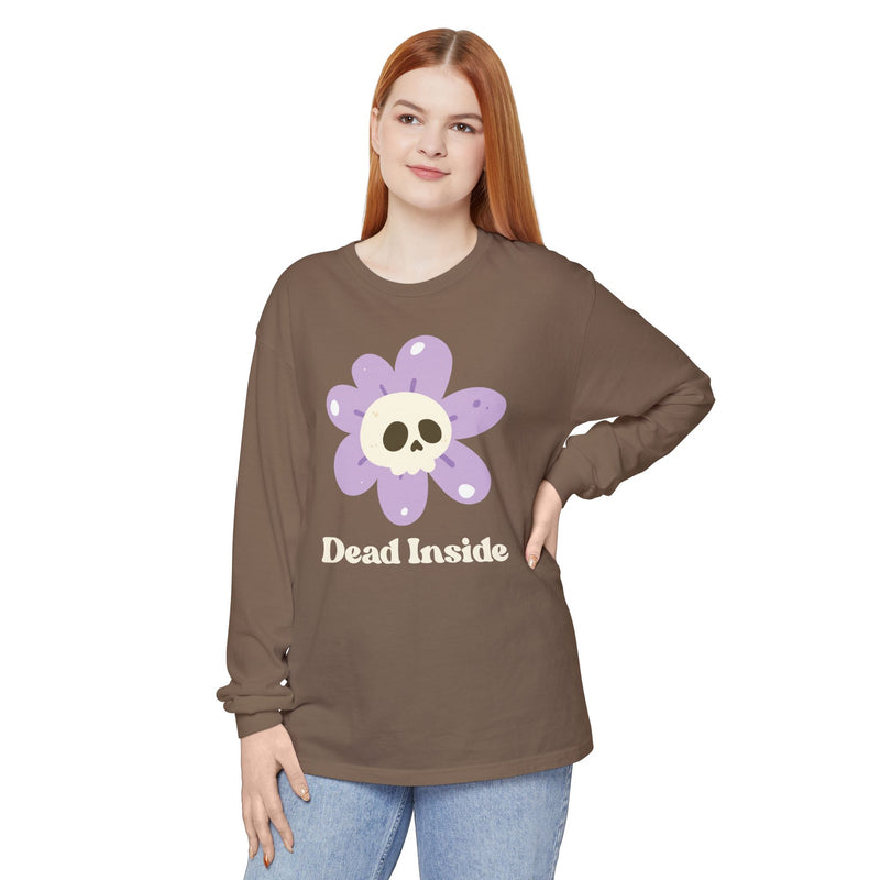 "Dead Inside" Oversized T-Shirt - Skull Flower Long Sleeve Tee