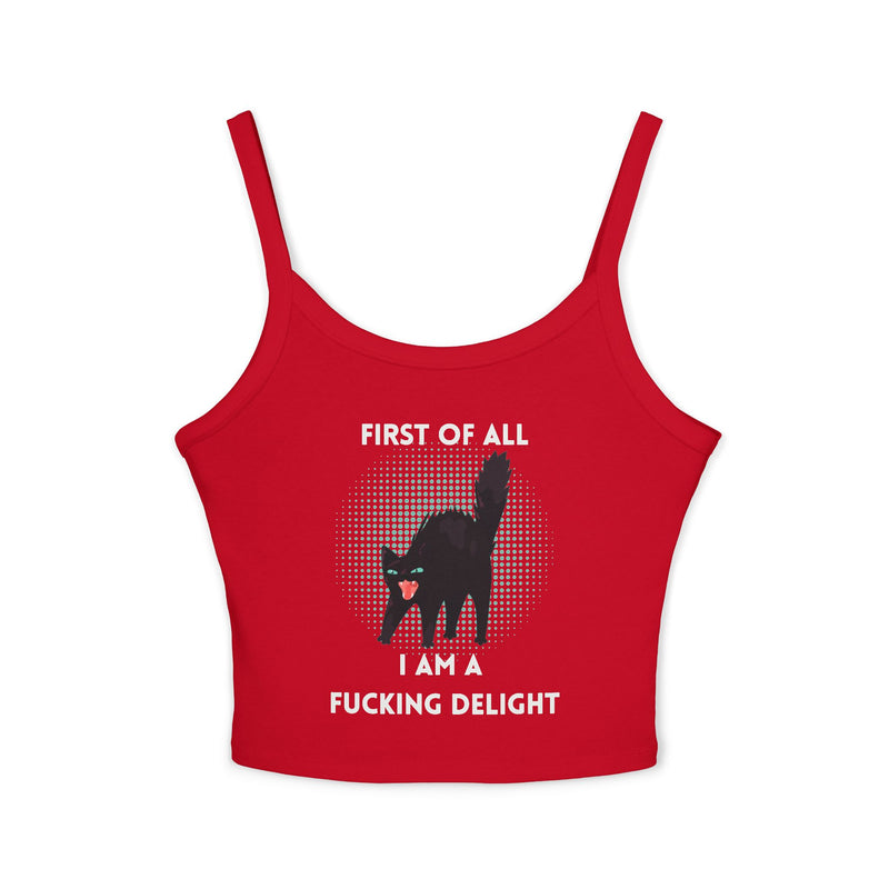 Sassy Cat Tank Top — "First Of All I Am A Fucking Delight" Black Cat Graphic Crop Tank