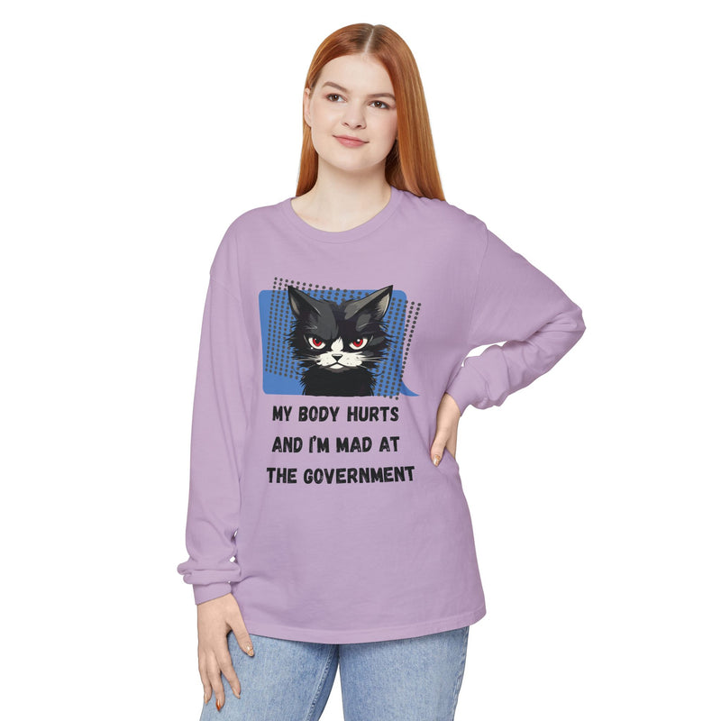 Long Sleeve T‑Shirt – "My Body Hurts and I’m Mad at the Government" Cat Graphic Oversized Tee
