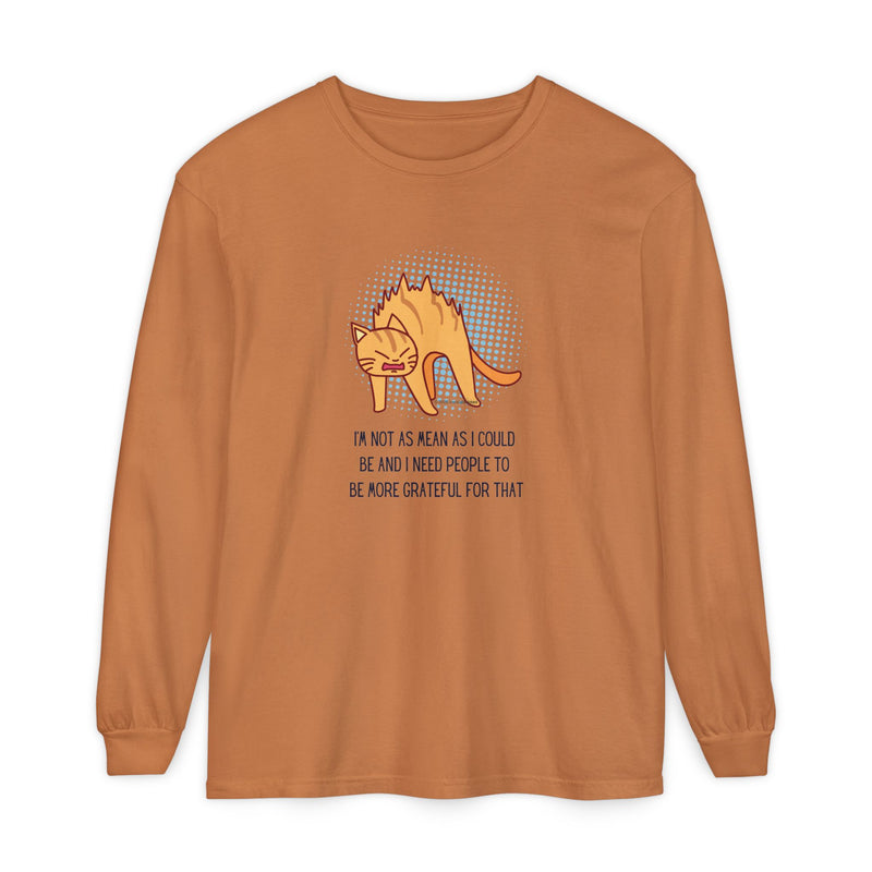 Sassy Cat Illustration Long Sleeve Tee — “I’m Not As Mean As I Could Be” Oversize T-Shirt