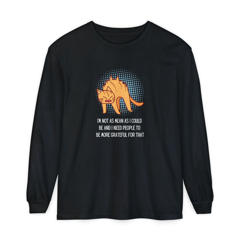 Sassy Cat Illustration Long Sleeve Tee — “I’m Not As Mean As I Could Be” Oversize T-Shirt