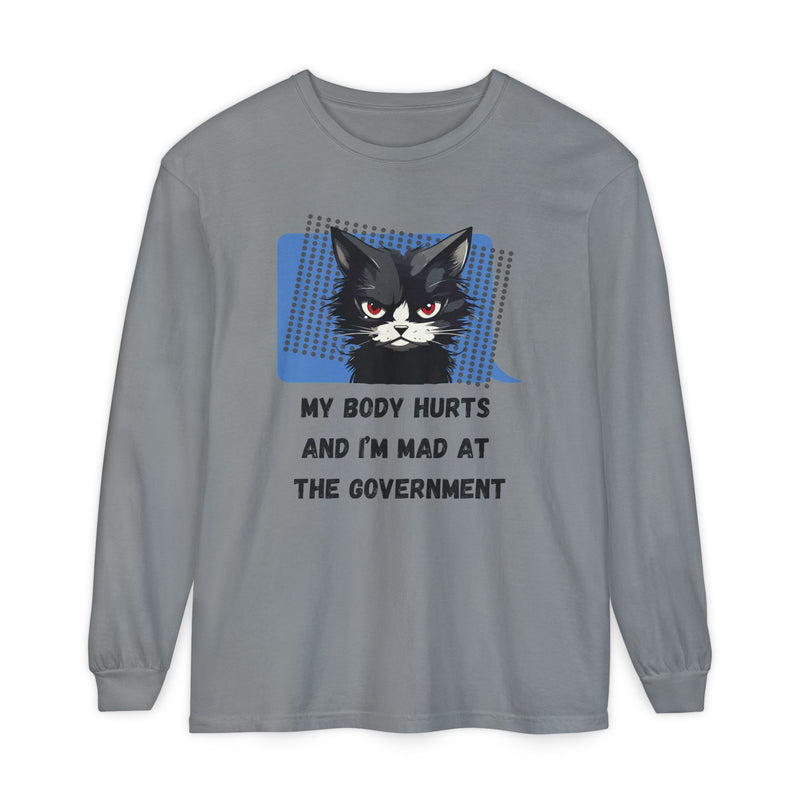 Long Sleeve T‑Shirt – "My Body Hurts and I’m Mad at the Government" Cat Graphic Oversized Tee