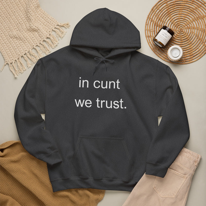 Hoodie — "in cunt we trust." Minimalist Provocative Text Hooded Sweatshirt
