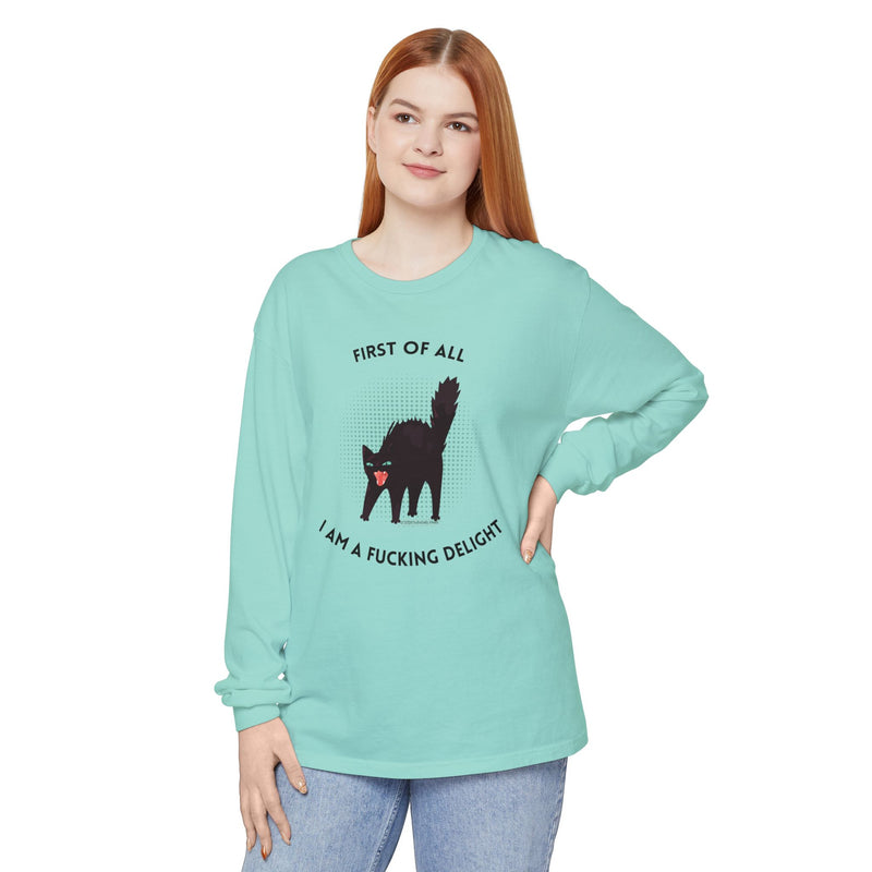 Long Sleeve Tee — “First of All I Am a Fucking Delight” Black Cat Graphic Oversized T-Shirt