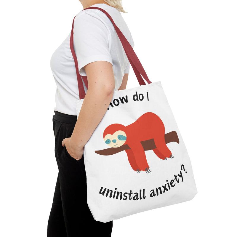 Large 18" x 18" How Do I Uninstall Anxiety? Exhausted Sloth Graphic Tote Bag