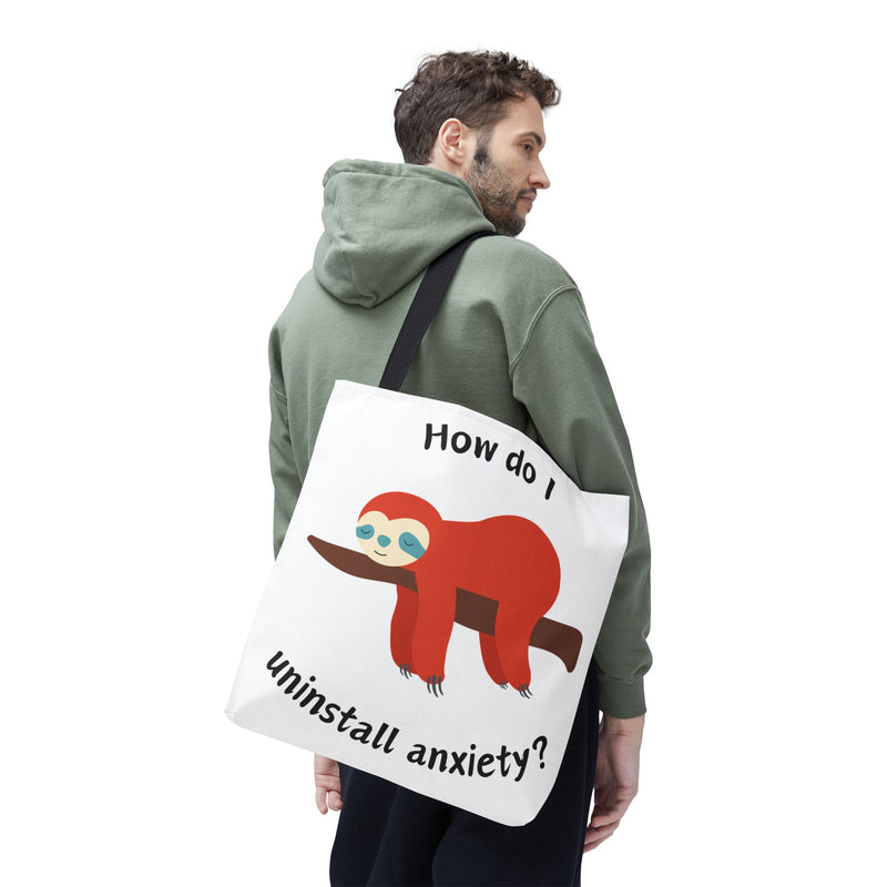 Large 18" x 18" How Do I Uninstall Anxiety? Exhausted Sloth Graphic Tote Bag