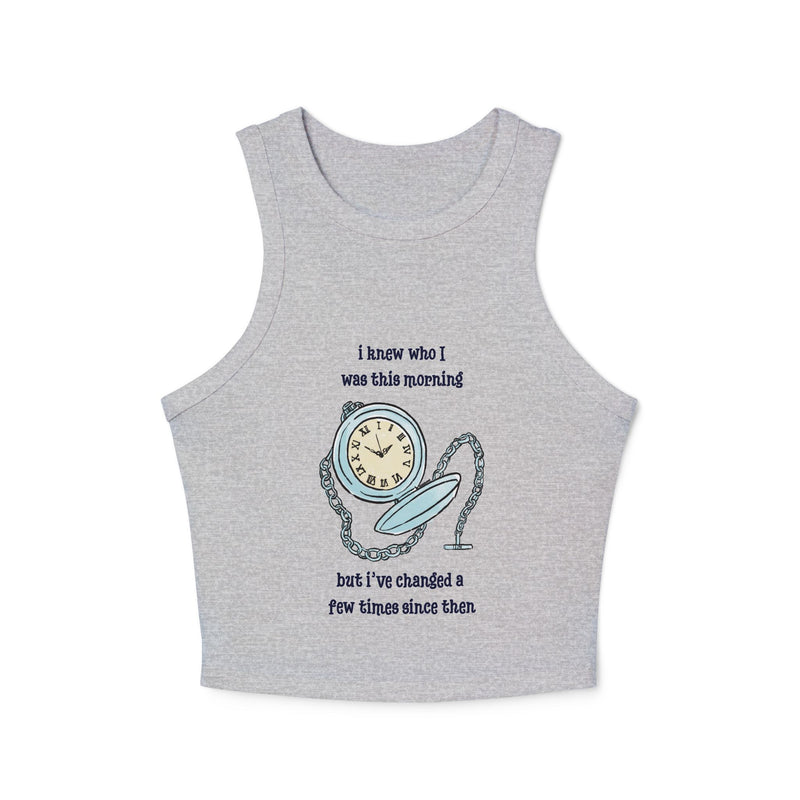 Women's Racer Tank — 'I Knew Who I Was This Morning' Wonderland Graphic Crop Top