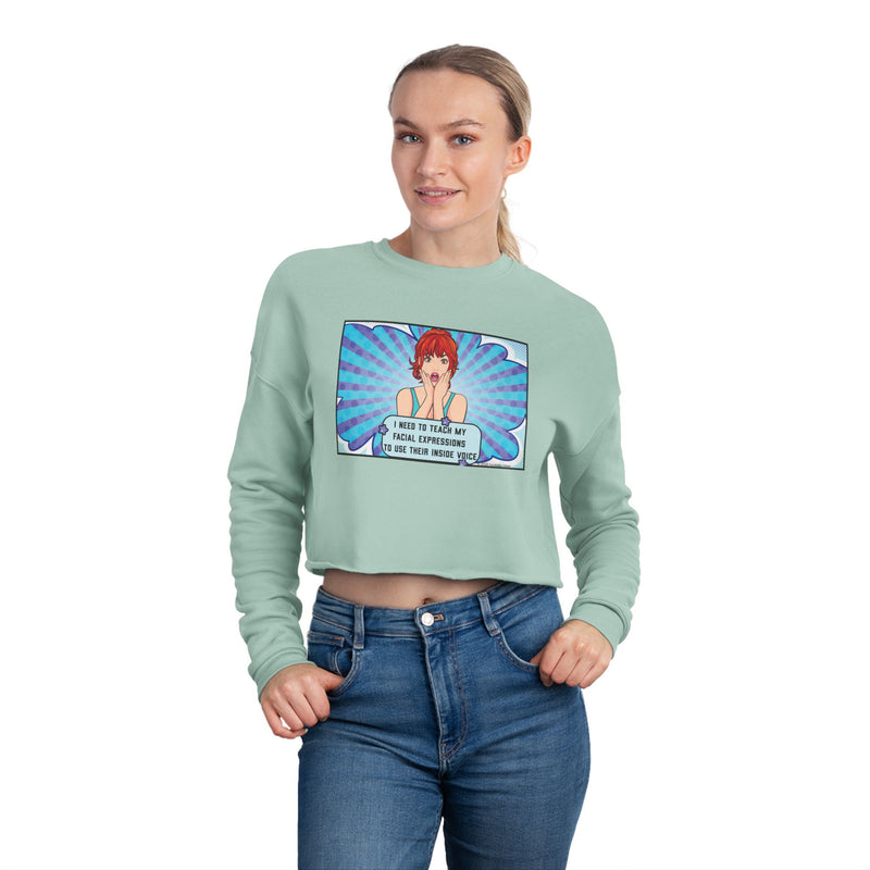 Retro Pop Art Crop Graphic Sweatshirt — 'Facial Expressions'