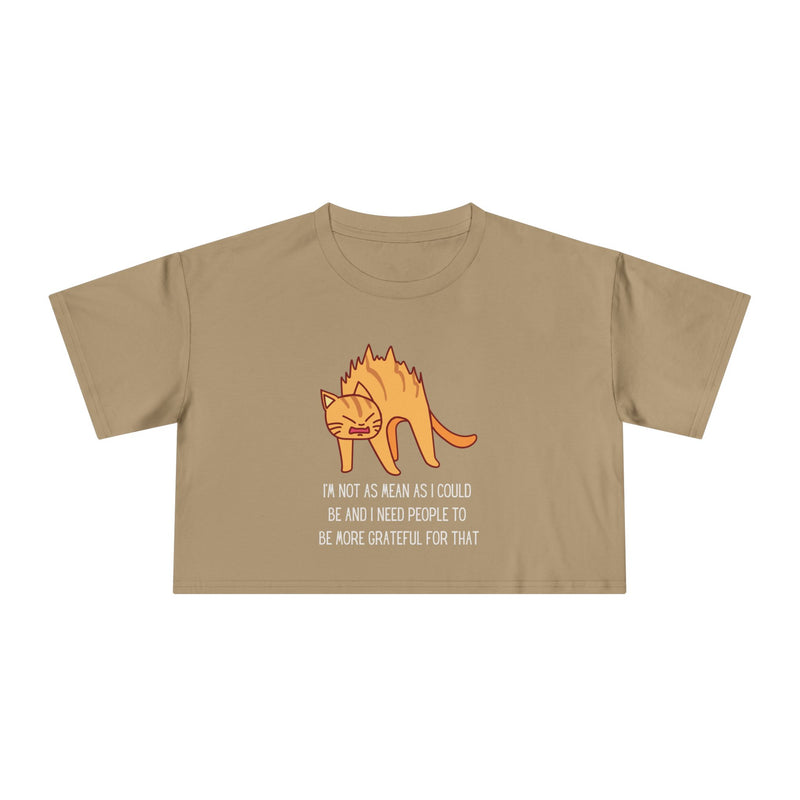 Crop Tee — Sassy Cat Graphic with Quote: "I’m Not As Mean As I Could Be, and I Need People To Be More Grateful For That" T-shirt Top