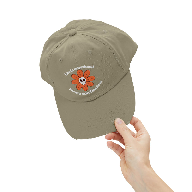 Kinda Emotional Kinda Emotionless Unisex Distressed Cap — Floral Skull Mental Health Awareness Baseball Hat