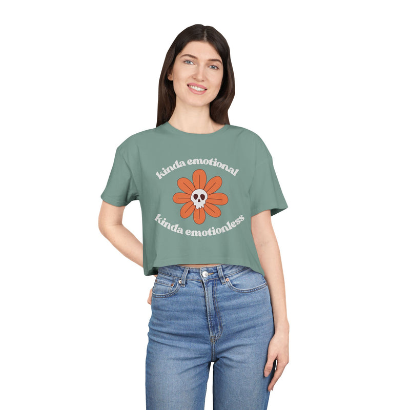 Crop Tee — 'Kinda Emotional, Kinda Emotionless' Retro Flower Skull Graphic T-shirt Top