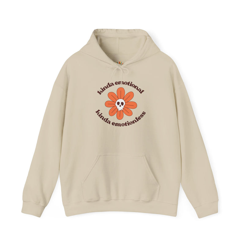 Floral Skull Graphic Hoodie — "Kinda Emotionless, Kinda Emotional" Mental Health Awareness Hooded Sweatshirt