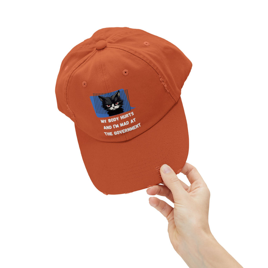 Distressed Cap — Sassy Cat “My Body Hurts and I’m Mad at the Government” Baseball Hat