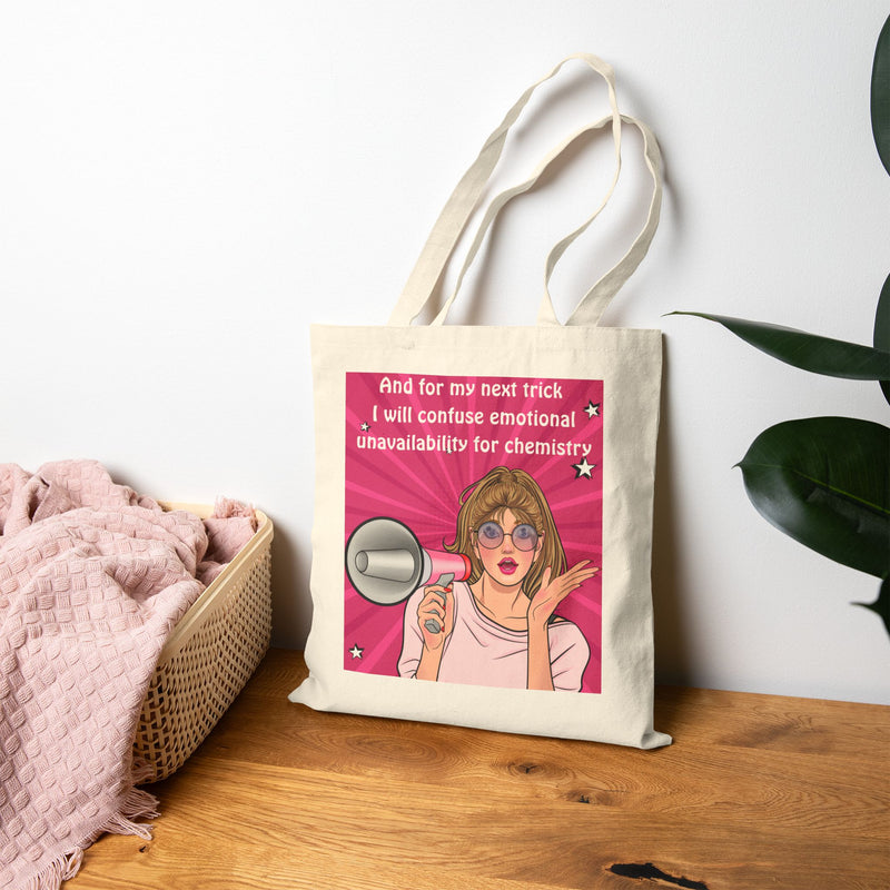 Cotton Canvas Tote Bag — Retro Pop Art Megaphone Design: "...and for my next trick, I will confuse emotional unavailability for chemistry"