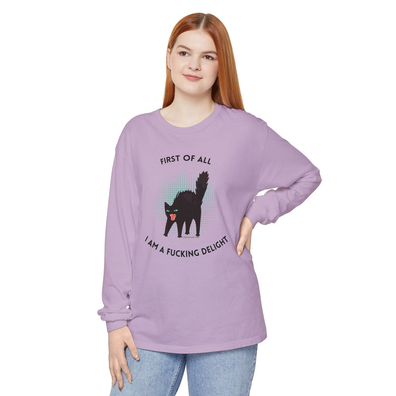Long Sleeve Tee — “First of All I Am a Fucking Delight” Black Cat Graphic Oversized T-Shirt