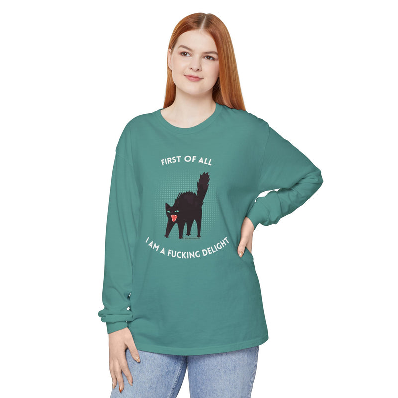 Long Sleeve Tee — “First of All I Am a Fucking Delight” Black Cat Graphic Oversized T-Shirt