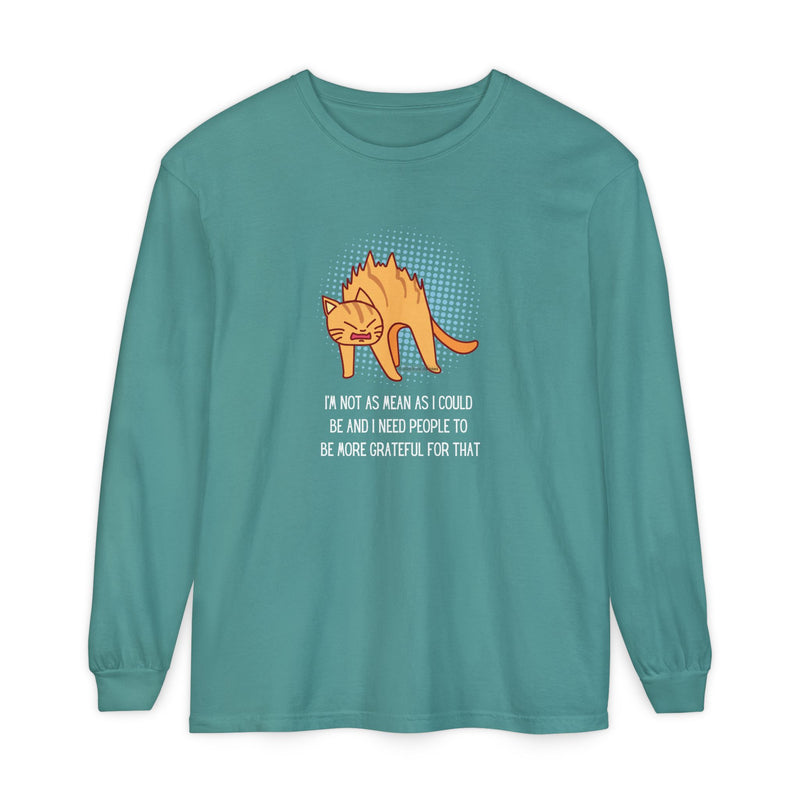 Sassy Cat Illustration Long Sleeve Tee — “I’m Not As Mean As I Could Be” Oversize T-Shirt
