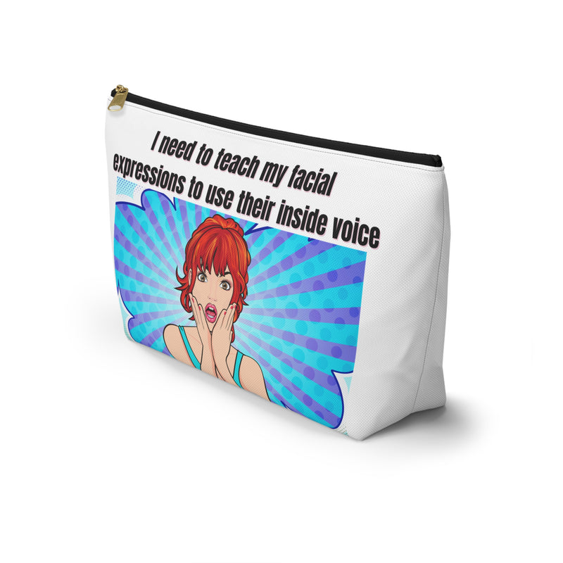 Large Size Travel Cosmetic Pouch — "I need to teach my facial expressions to use their inside voice" Retro Pop Art Makeup Bag