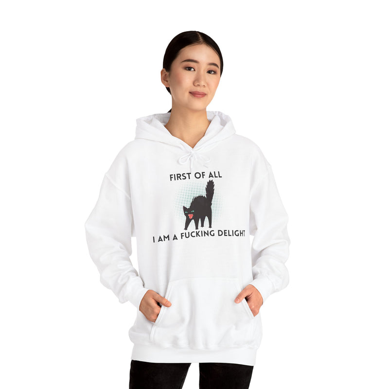 Sassy Cat Unisex Hoodie — "...I Am A Fucking Delight!" Graphic Hooded Sweatshirt