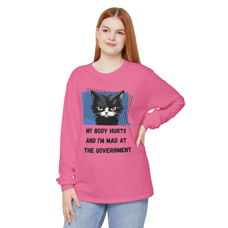 Long Sleeve T‑Shirt – "My Body Hurts and I’m Mad at the Government" Cat Graphic Oversized Tee