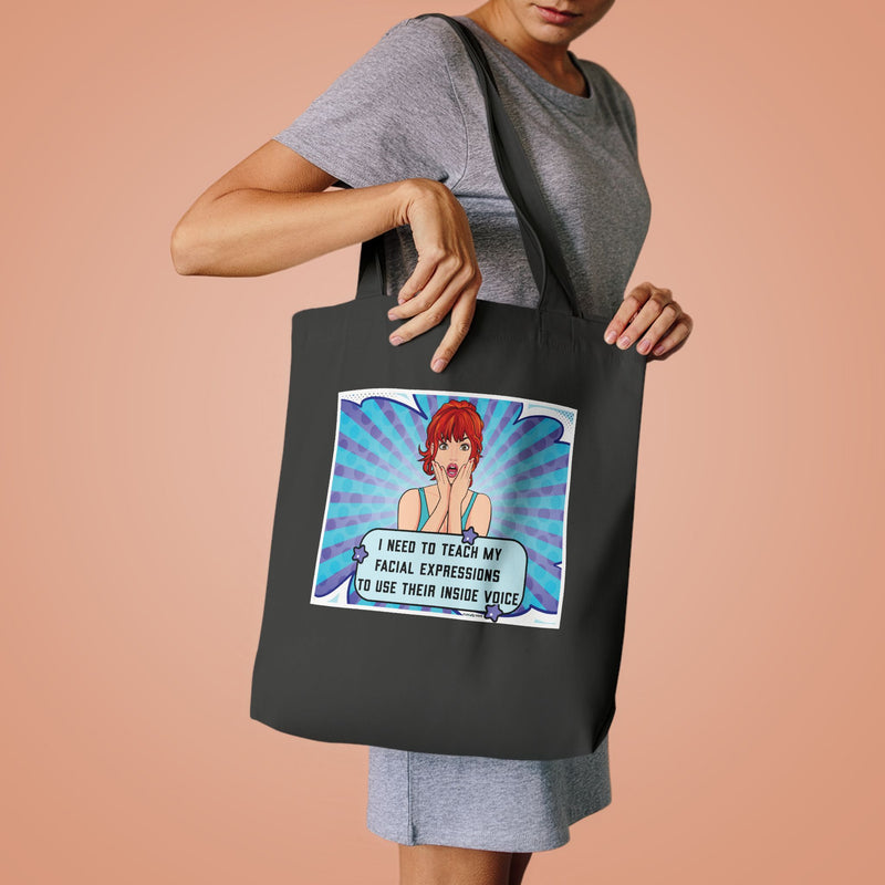 Retro Pop Art Reusable Tote Bag — 'Facial Expressions' Large Cotton Book Bag