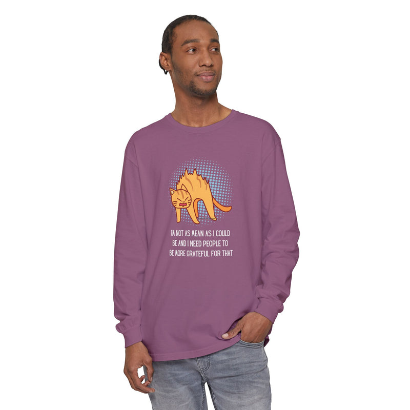 Sassy Cat Illustration Long Sleeve Tee — “I’m Not As Mean As I Could Be” Oversize T-Shirt