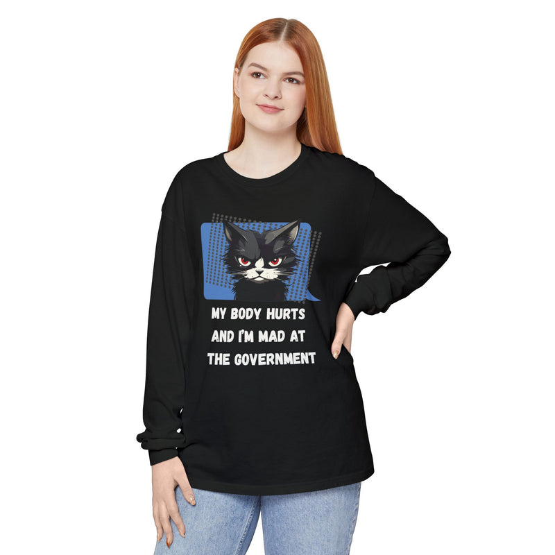 Long Sleeve T‑Shirt – "My Body Hurts and I’m Mad at the Government" Cat Graphic Oversized Tee
