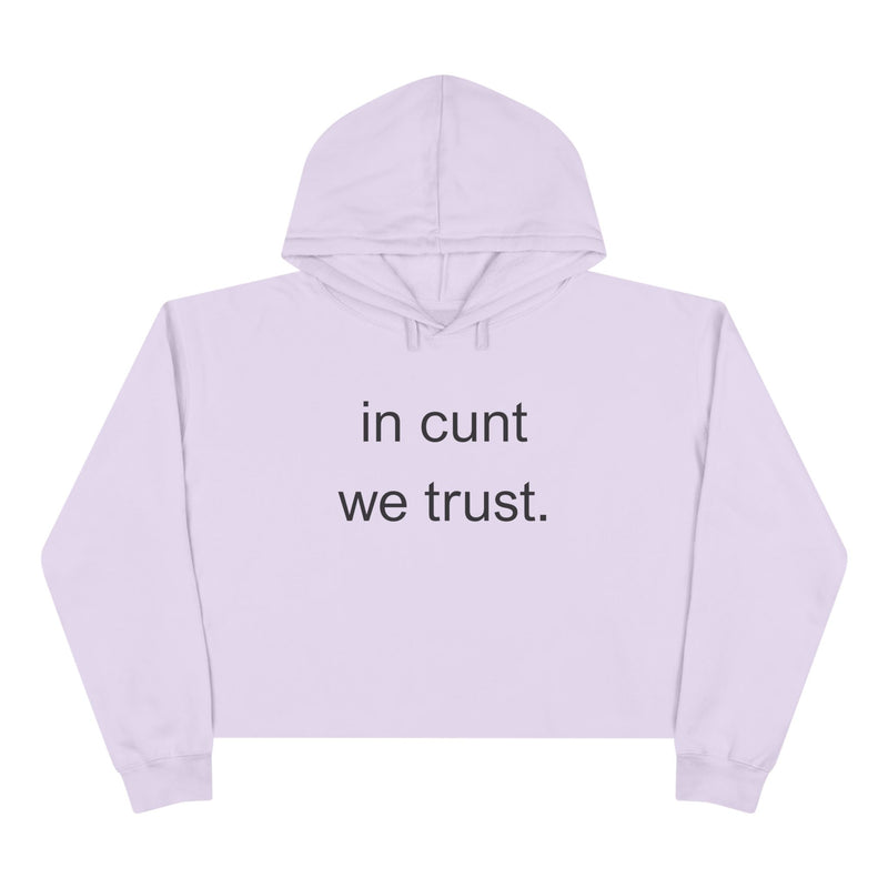 Crop Hoodie — "in cunt we trust." Minimalist Statement Crop Hooded Sweatshirt