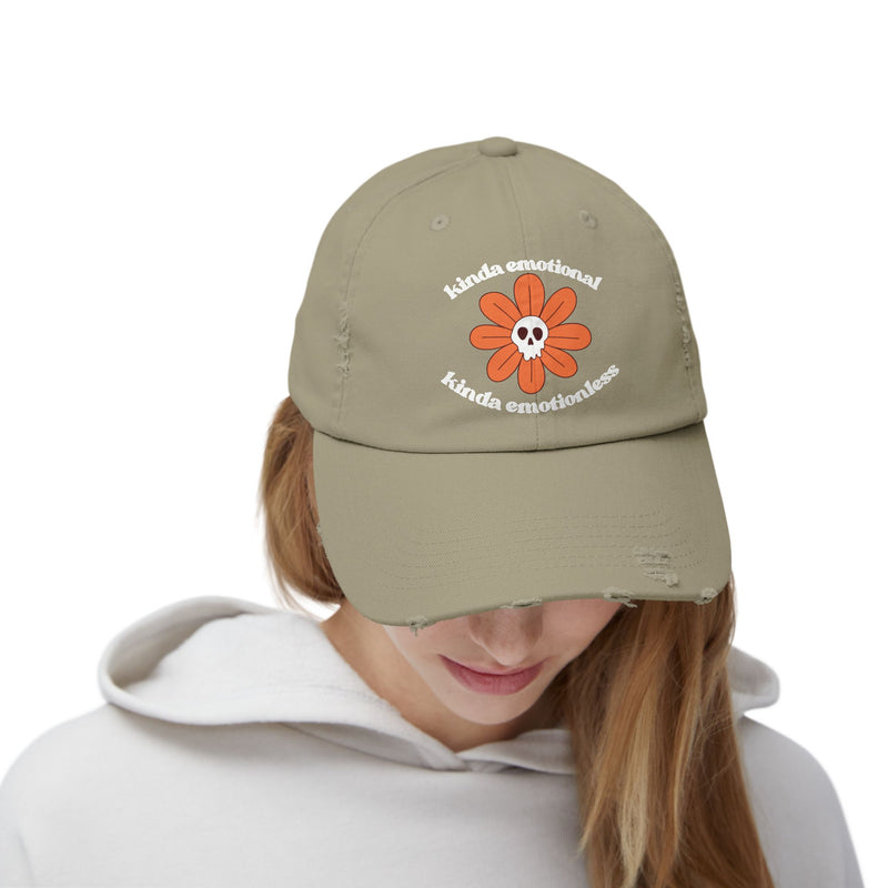 Kinda Emotional Kinda Emotionless Unisex Distressed Cap — Floral Skull Mental Health Awareness Baseball Hat