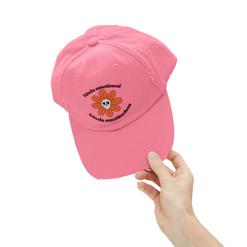 Kinda Emotional Kinda Emotionless Unisex Distressed Cap — Floral Skull Mental Health Awareness Baseball Hat