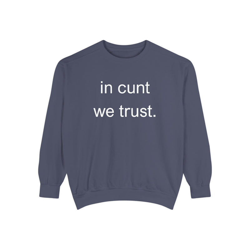 Graphic Sweatshirt — “in cunt we trust.” Bold Provocative Slogan Pullover