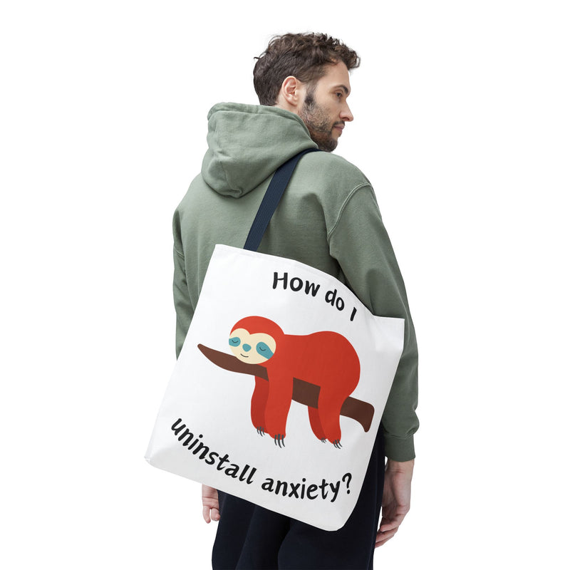 Large 18" x 18" How Do I Uninstall Anxiety? Exhausted Sloth Graphic Tote Bag