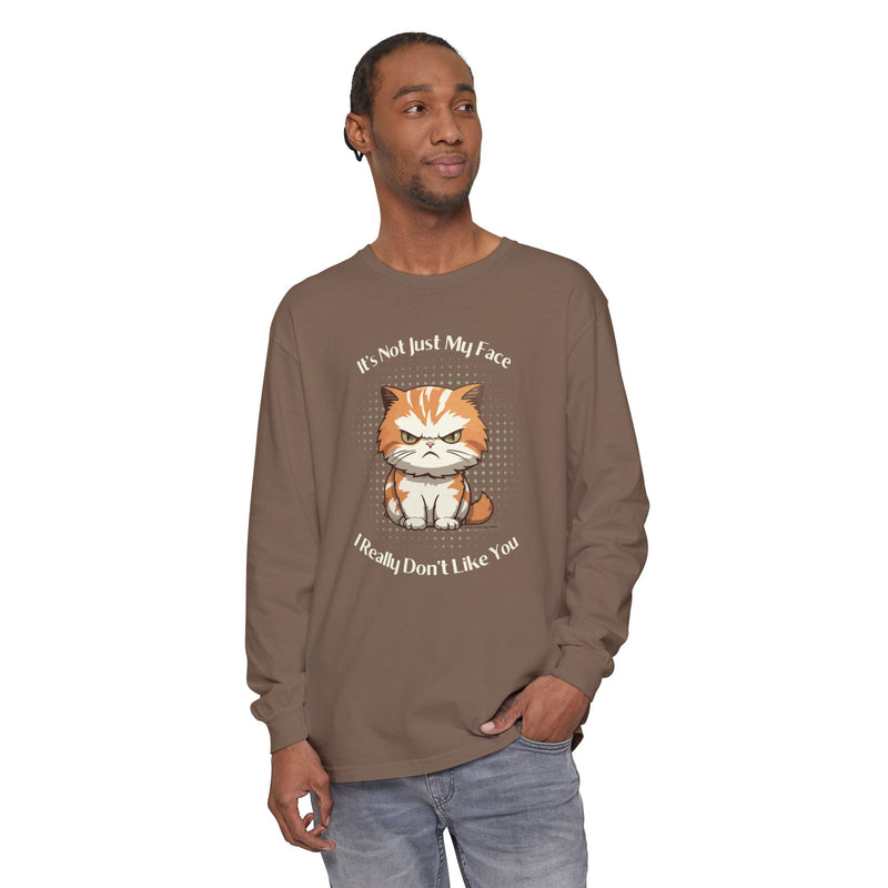 Sassy Cat Long Sleeve Tee — "It's Not Just My Face, I Really Don't Like You" Oversized T-Shirt