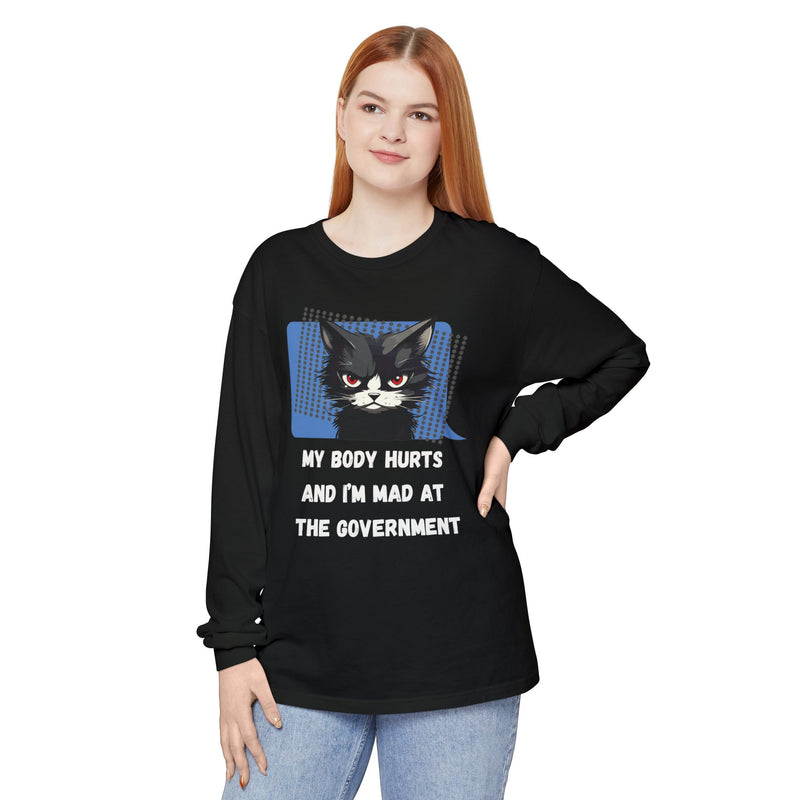 Long Sleeve T‑Shirt – "My Body Hurts and I’m Mad at the Government" Cat Graphic Oversized Tee