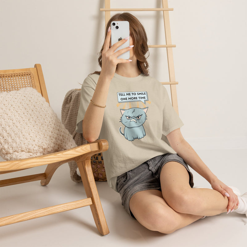 Graphic T-Shirt — Sassy Cat Tee "Tell Me To Smile One More Time"