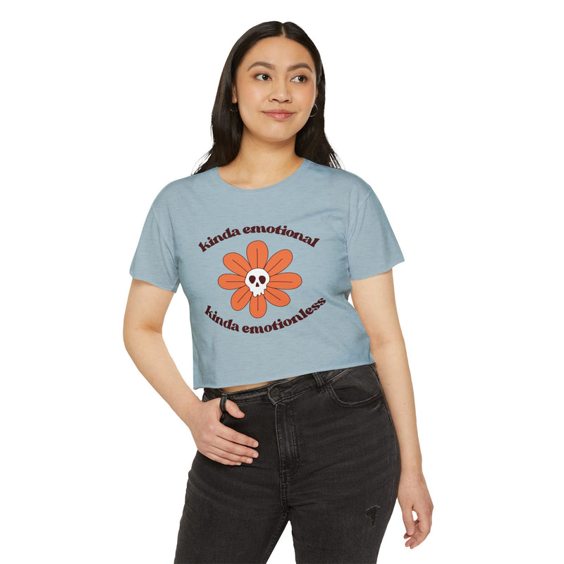 Crop Top — "Kinda Emotional Kinda Emotionless" Skull Flower Festival Tee
