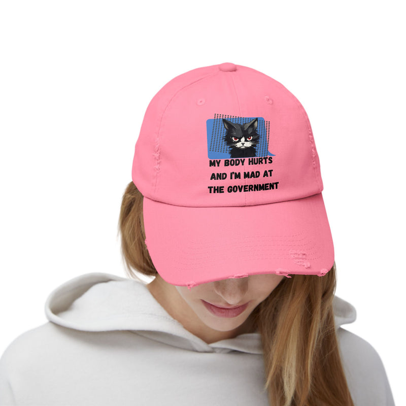 Distressed Cap — Sassy Cat “My Body Hurts and I’m Mad at the Government” Unisex Baseball Hat