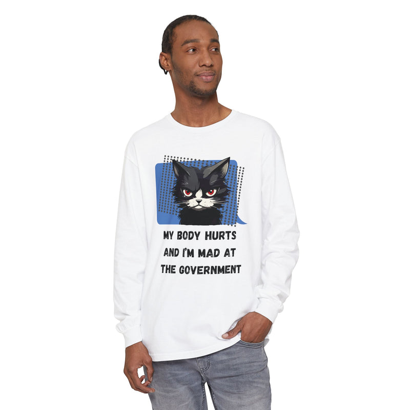 Long Sleeve T‑Shirt – "My Body Hurts and I’m Mad at the Government" Cat Graphic Oversized Tee