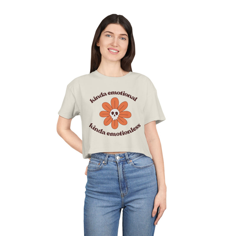 Crop Tee — 'Kinda Emotional, Kinda Emotionless' Retro Flower Skull Graphic T-shirt Top