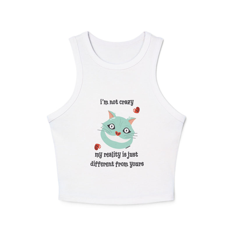 Women's Racer Tank — 'I'm Not Crazy' Cheshire Cat Graphic Crop Top