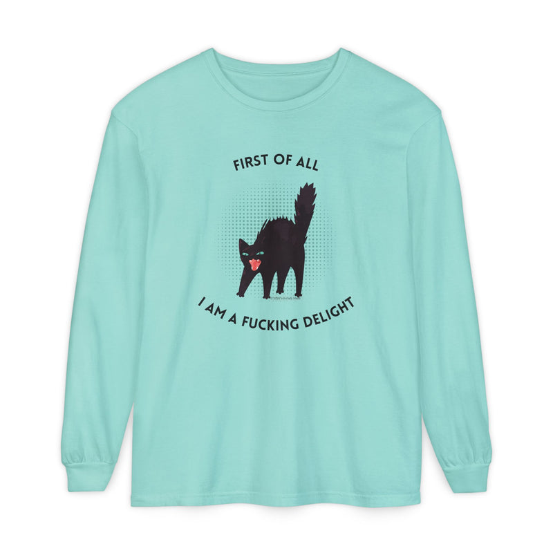 Long Sleeve Tee — “First of All I Am a Fucking Delight” Black Cat Graphic Oversized T-Shirt