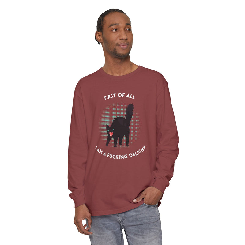 Long Sleeve Tee — “First of All I Am a Fucking Delight” Black Cat Graphic Oversized T-Shirt