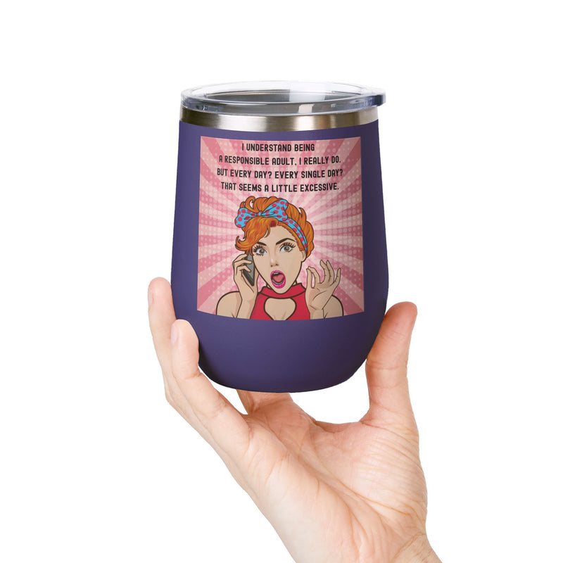 "Responsible Adult"Retro Pop Art Insulated Wine Tumbler - Stainless Steel 12oz